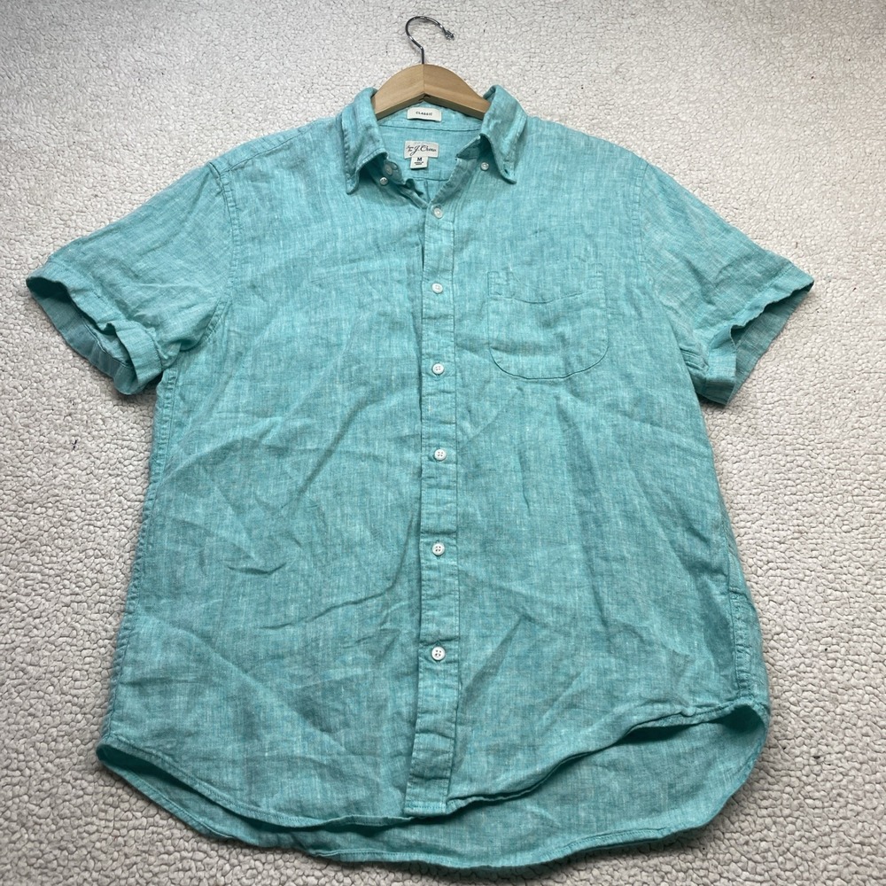 J.Crew Button Down Mens M Teal Irish Linen Classic Fit Short Sleeve Shirt